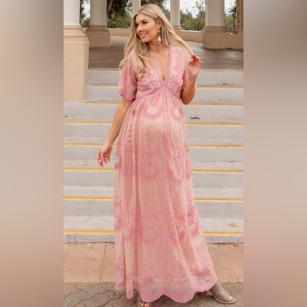 2/$30 Pink Lace Mesh Overlay Maternity Maxi Dress